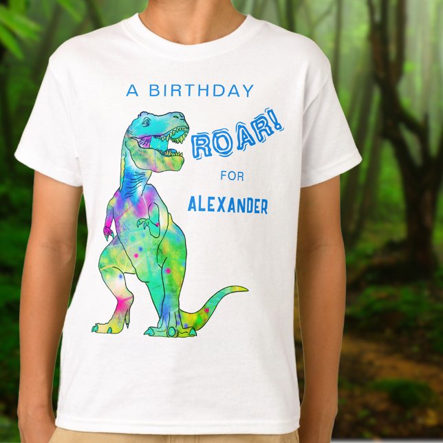 Dinosaur T-Rex Personlig Boys Födelsedagsfest T Shirt (Personalized boys dinosaur T-Rex roar birthday party T-shirt Colorful dino modern blue typography )