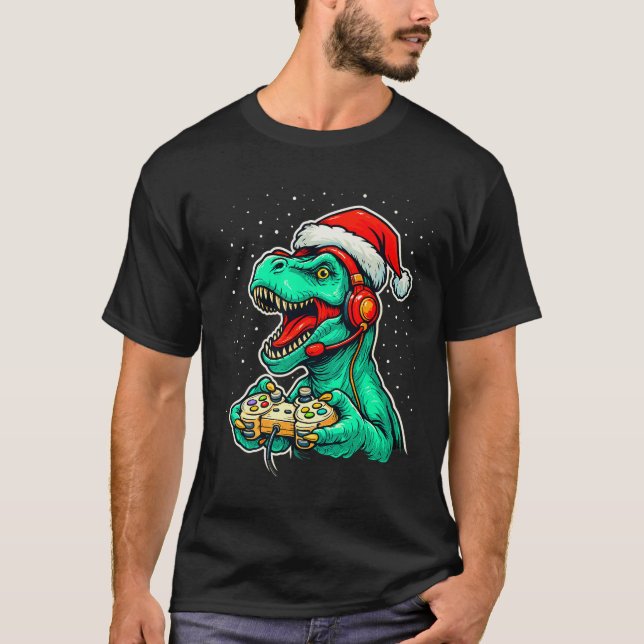 Dinosaur T Rex Playing Video Game Santa Hat Christ T Shirt (Framsida)