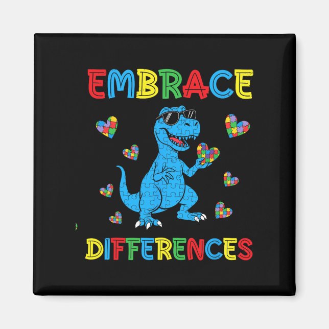 Dinosaur T-Rex Pussel Omfamna Skillnader Autism A Magnet (Framsidan)