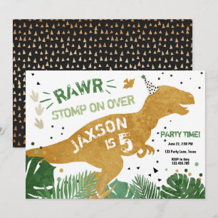 Dinosaur T-Rex RAWR Guld Grönt Dino Pojkdag Inbjudningar