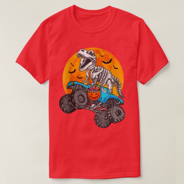 Dinosaur t Rex Riding Monster Lastbil Måne Hallowe Shirt (Design framsida)