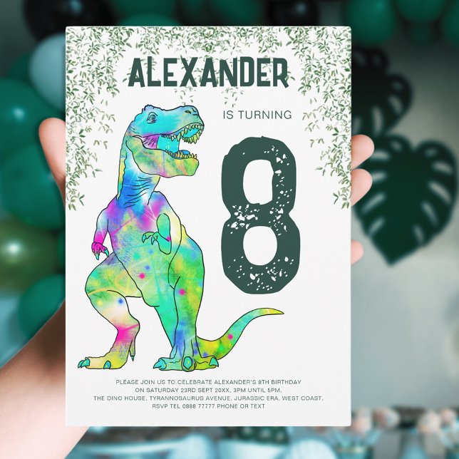 Dinosaur T-Rex Roar Födelsedagsfest Inbjudningar (T-Rex Roar dinosaur 8th birthday party invitation colorful dino art jungle foliage green typography )