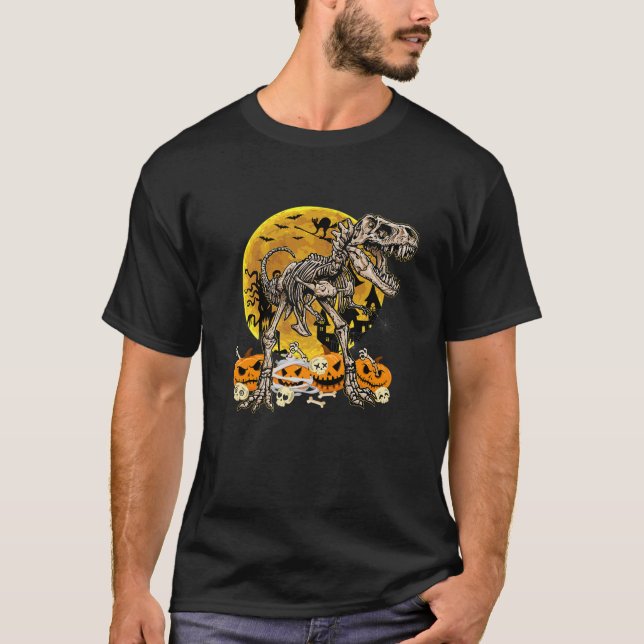 Dinosaur t Rex Skeleton Pumpkin Funny Halloween Co Shirt (Framsida)