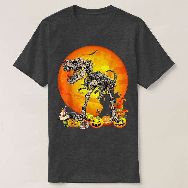 Dinosaur t Rex Skeleton Pumpkin with Måne Hallowee Shirt (Design framsida)