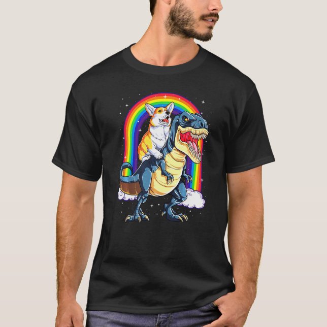 Dinosaur T Rex Space Galaxy Rainbow Corgi Shirt (Framsida)