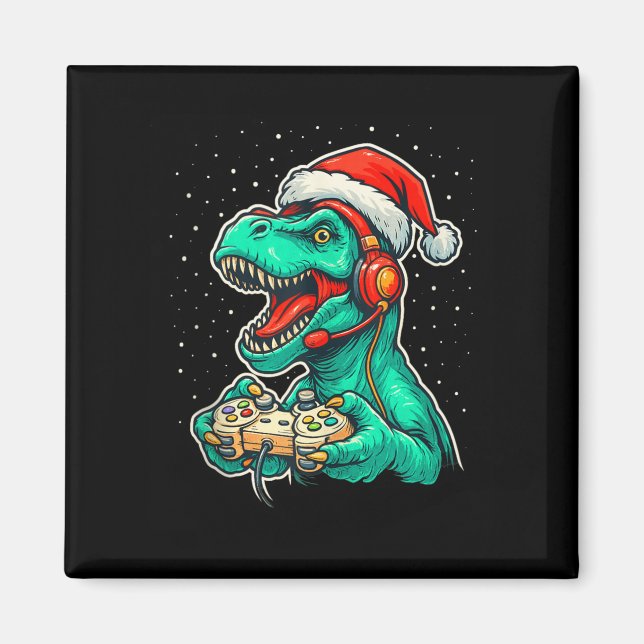 Dinosaur T Rex spelar videospel Santa Hat Kristus Magnet (Framsidan)