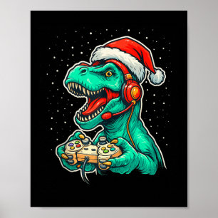 Dinosaur T Rex spelar videospel Santa Hat Kristus Poster