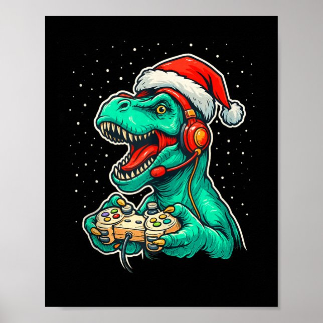 Dinosaur T Rex spelar videospel Santa Hat Kristus Poster (Framsidan)