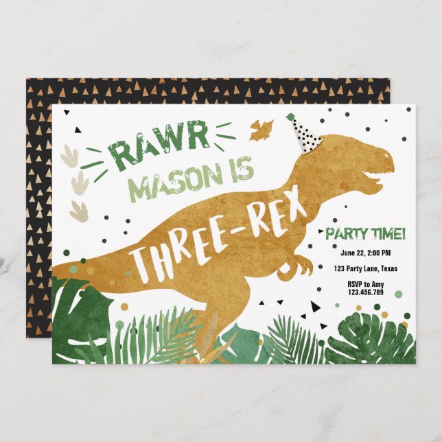 Dinosaur T-Rex Three Rex RAWR Guld Boy Birthday Inbjudningar (Fram/baksida)