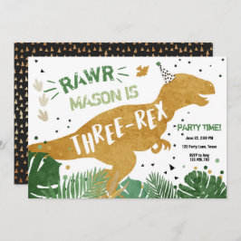 Dinosaur T-Rex Three Rex RAWR Guld Boy Birthday Inbjudningar