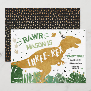 Dinosaur T-Rex Three Rex RAWR Guld Boy Birthday Inbjudningar