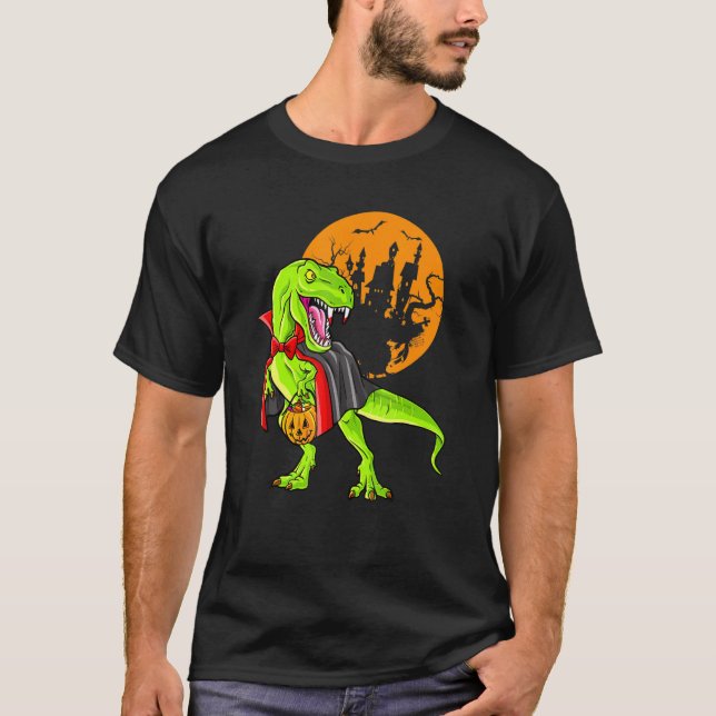 Dinosaur T Rex Vampire Halloween Candy Pumpkin Shirt (Framsida)