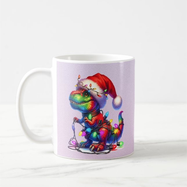 Dinosaur tangled up in fairy christms lights kaffemugg (Vänster)