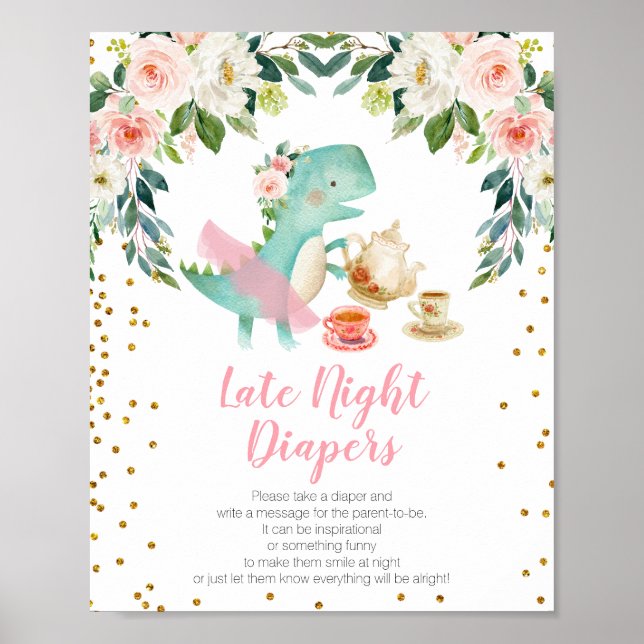 Dinosaur Tea Party Baby Shower Late Night Diaper Poster (Framsidan)