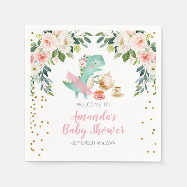 Dinosaur Tea Party Birthday Baby Shower Blommigt Pappersservett (Framsidan)