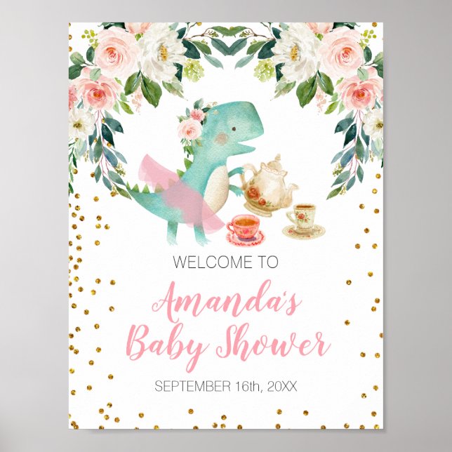 Dinosaur Tea Party Birthday Baby Shower Välkommen Poster (Framsidan)