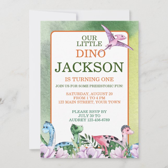 Dinosaur Tema 1:a födelsedagsinbjudan Inbjudningar (Framsida)