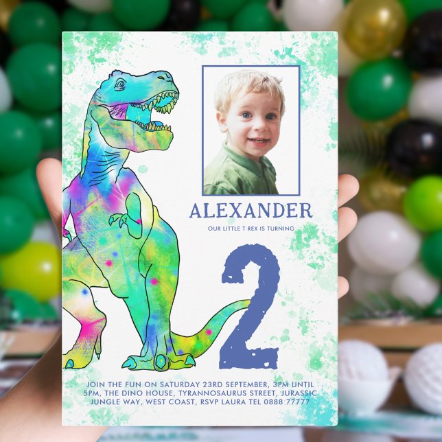 Dinosaur-tema 2-års födelsedagsfest foto inbjudningar (Dinosaur T-Rex photo template boys fun birthday party green and blue )