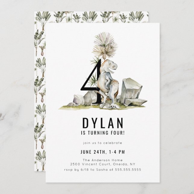 Dinosaur tema 4-års födelsedagsfest inbjudningar (Fram/baksida)