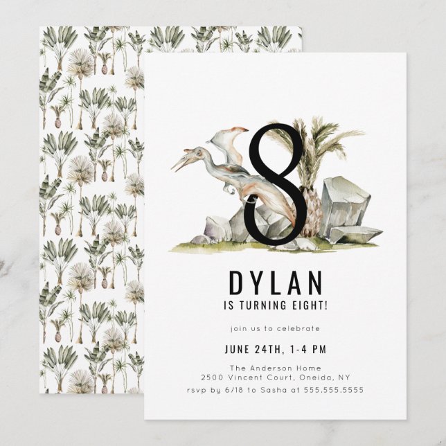 Dinosaur-tema 8:e Födelsedagsfesten Inbjudningar (Fram/baksida)