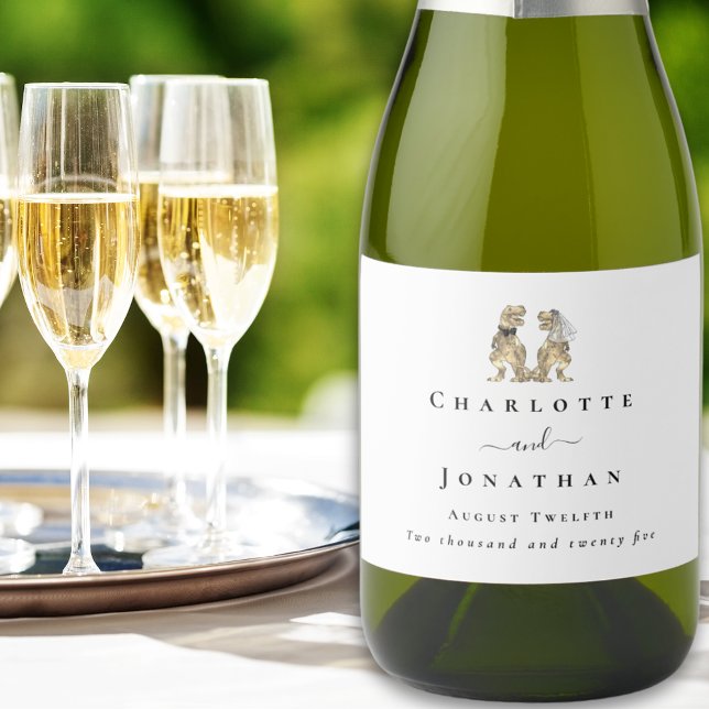 Dinosaur-tema bröllop (Dinosaur themed wedding T-Rex bride and groom custom sparkling wine labels)