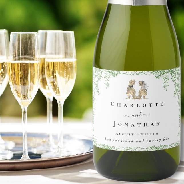 Dinosaur Tema Bröllop Anpassad (Personalized T-Rex bride and groom dinosaur wedding sparkling wine labels Watercolor foliage)