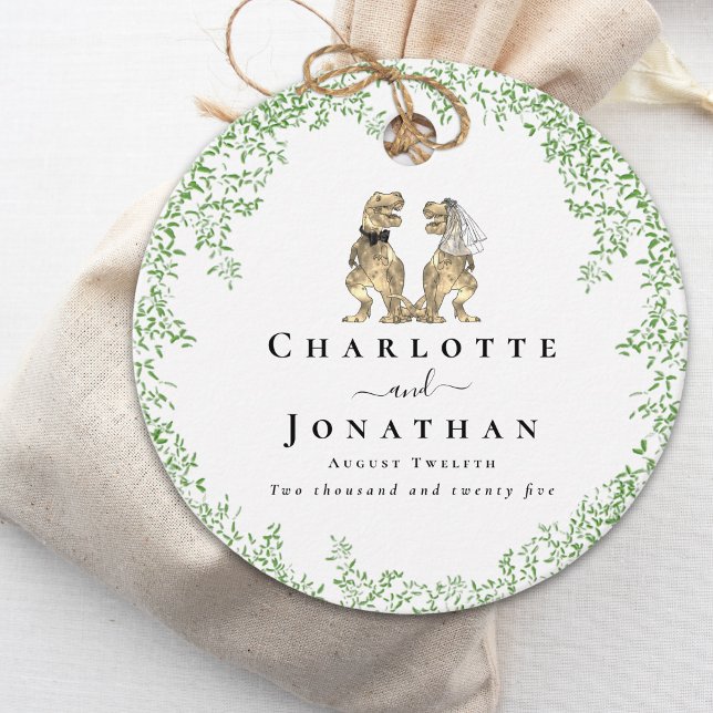 Dinosaur Tema Bröllop Anpassad Gåvor Etiketter (Dinosaur wedding custom favor tag Watercolor greenery T-Rex dino bride and groom names)
