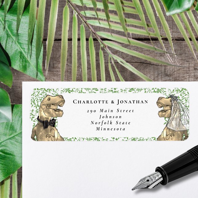 Dinosaur-tema Bröllop Anpassad Returadress Etikett (T-Rex bride and groom dinosaur wedding invitation return address label Watercolor foliage )