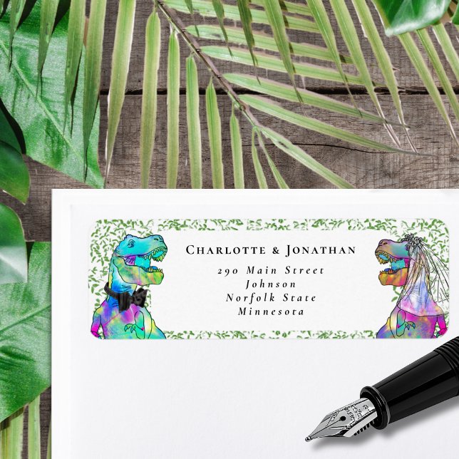 Dinosaur-tema Bröllop Anpassad Returadress Etikett (T-Rex bride and groom dinosaur wedding invitation return address label sticker watercolor)