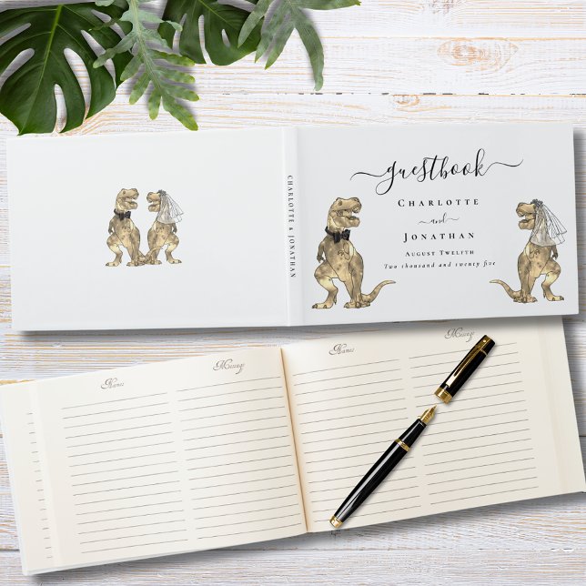 Dinosaur-tema Bröllop Anpassat Gästböcker (Dinosaur themed wedding T-Rex bride and groom custom guest book keepsake )
