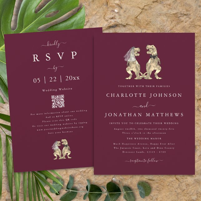 Dinosaur tema bröllop Burgunder Kräm QR-kod Inbjudningar (Dinosaur theme wedding burgundy cream qr code invitation T-Rex dino bride and groom elegant modern)