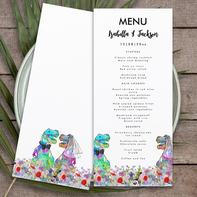 Dinosaur Tema Bröllop Färgglada Vilda Blommor Meny (Dinosaur themed wedding menu with colorful T-Rex bride and groom in a colorful wildflower meadow)