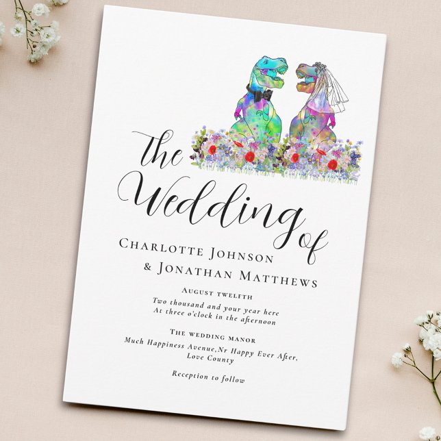 Dinosaur-tema Bröllop Färgrik Blomma Inbjudningar (Stylish script colorful wildflower dinosaur theme wedding invitation)
