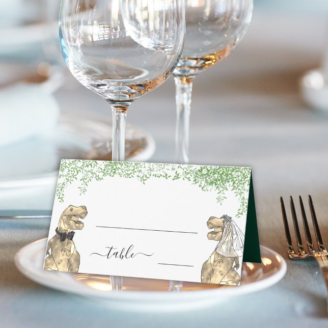 Dinosaur-tema Bröllop Gäst Namn Placeringskort (Green Dinosaur wedding table name place cards Funny T-Rex dino bride & groom eucalyptus foliage)