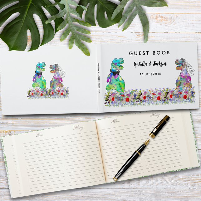 Dinosaur-tema bröllop gästböcker (Dinosaur themed wedding custom guest book with fun T-Rex bride and groom with colorful wildflowers)