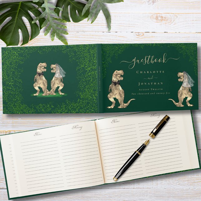 Dinosaur Tema Bröllop Grön Anpassad Gästböcker ( Dinosaur bride and groom wedding custom dark green  guest book funny T-Rex dino eucalyptus foliage )