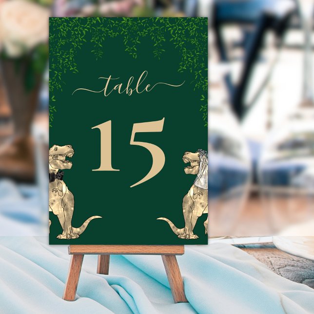 Dinosaur-tema Bröllop Grönt Bordsnummer (Dinosaur themed dark green wedding table number cards  Jurassic T-Rex bride and groom eucalyptus )