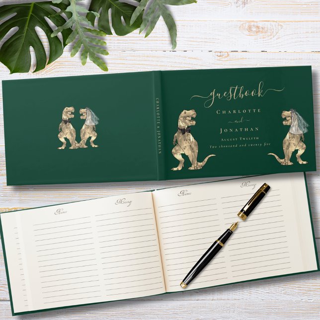 Dinosaur-tema Bröllop Grönt Gästböcker ( Dinosaur bride and groom wedding dark green custom guest book with funny T-Rex bride and groom dino)