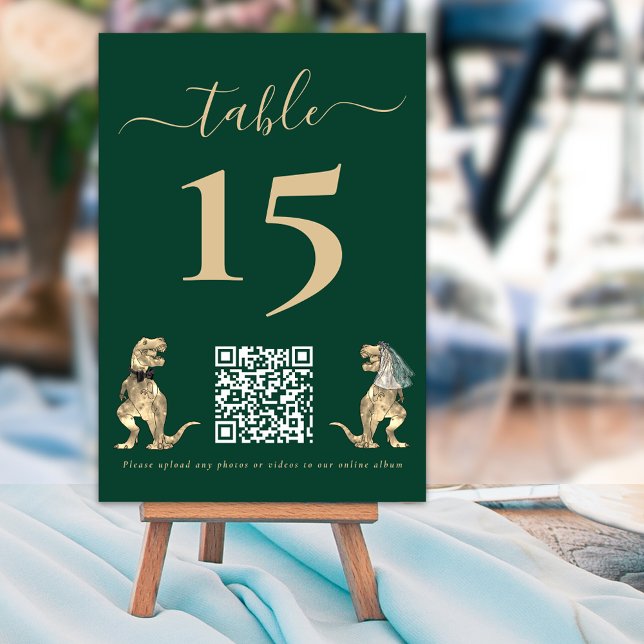Dinosaur-tema Bröllop Grönt QR-kod Bordsnummer (Dinosaur theme wedding dark green table number cards with website qr code for photos and videos )