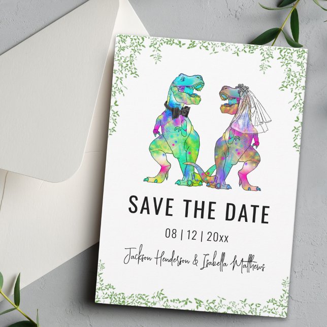 Dinosaur-tema Bröllop Grönt  Spara Datumet (Funny colorful T-Rex bride and groom Dinosaur wedding save the date card Watercolor foliage)