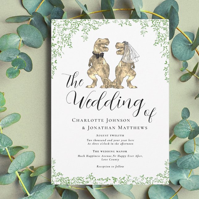 Dinosaur-tema Bröllop Inbjudningar (Dinosaur them wedding with watercolor eucalyptus foliage invitation)