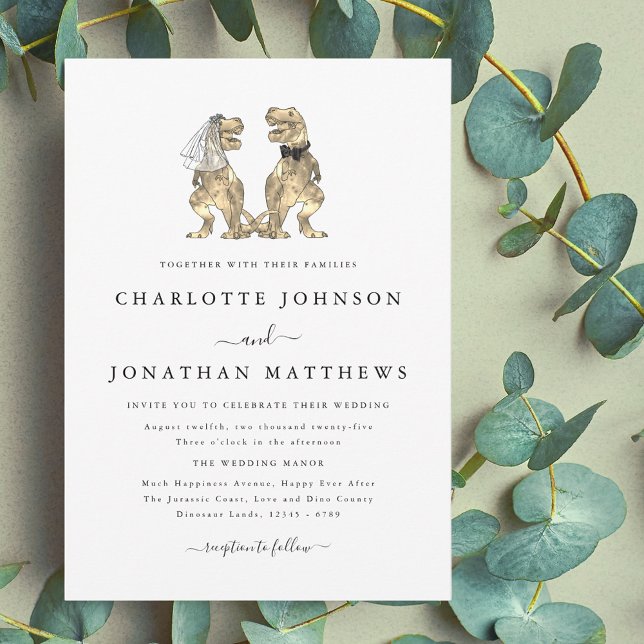 Dinosaur-tema bröllop inbjudningar (dinosaur theme wedding black and white invitation elegant modern T-Rex dino bride and groom)
