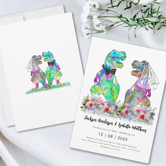 Dinosaur-tema bröllop inbjudningar (T-Rex bride and groom colorful wildflower meadow fun dinosaur wedding invitation )