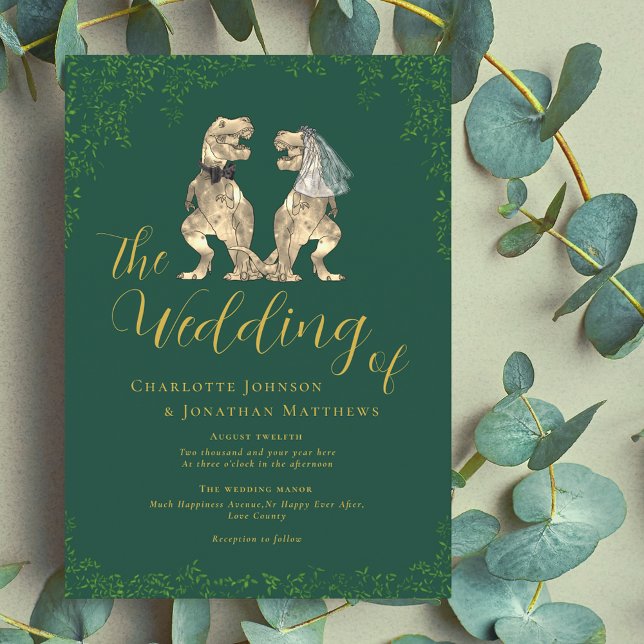 Dinosaur-tema bröllop inbjudningar (Dinosaur wedding T-Rex bride and groom eucalyptus foliage green and gold script Wedding invitation )