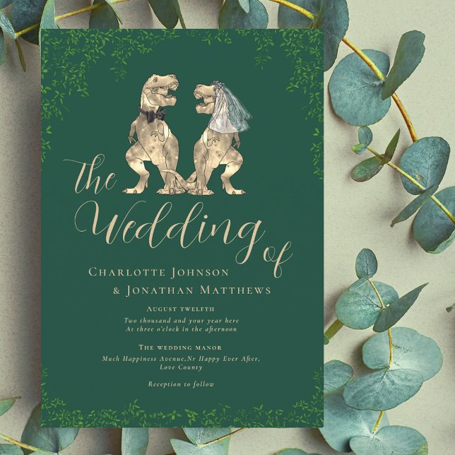 Dinosaur-tema Bröllop Inbjudningar (Dinosaur wedding T-Rex bride and groom dark green invitation fun Jurassic destination wedding )