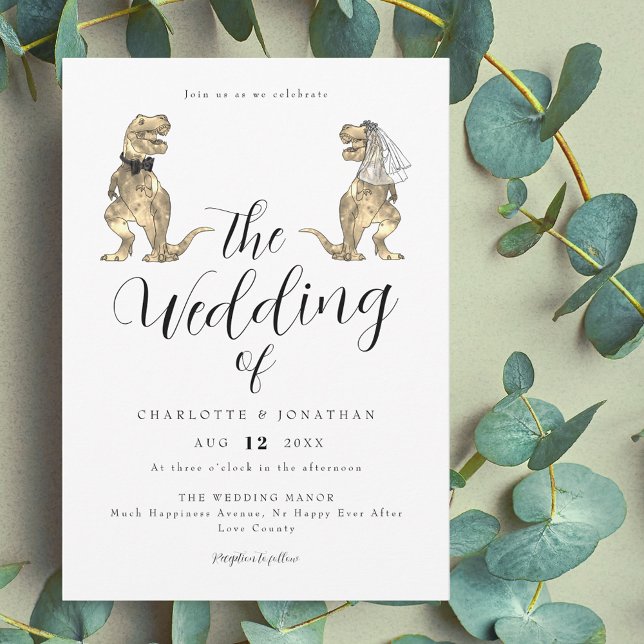 Dinosaur-tema bröllop inbjudningar (Dinosaur theme wedding elegant modern script invitation funny T-Rex dino bride and groom)