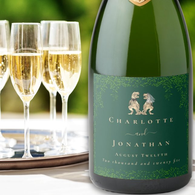 Dinosaur-tema Bröllop Mörkgrönt (Dinosaur themed wedding T-Rex bride & groom eucalyptus foliage custom sparkling wine bottle label)