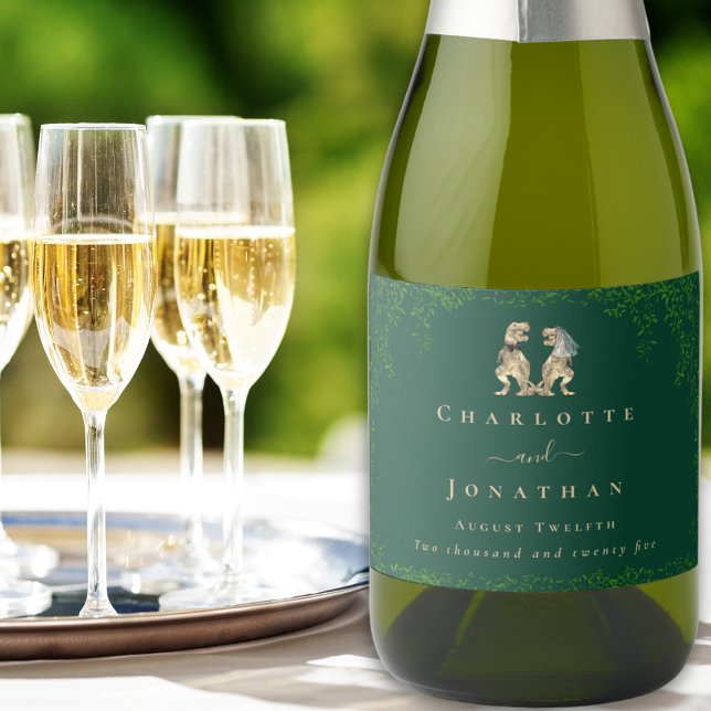 Dinosaur-tema bröllop Mörkgrönt (Dinosaur themed wedding T-Rex bride and groom eucalyptus dark green custom sparkling wine labels)