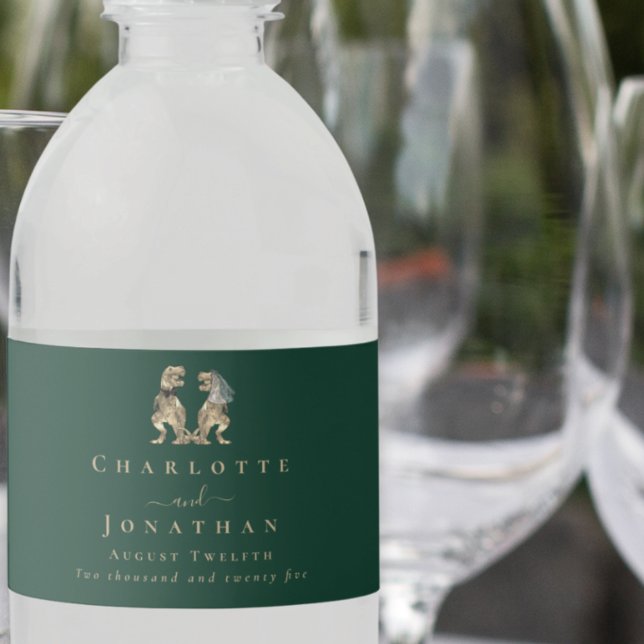 Dinosaur-tema bröllop Mörkgrönt Vattenflaskor Etikett (dark green Dinosaur wedding personalized water bottle labels T-Rex dino bride and groom script)