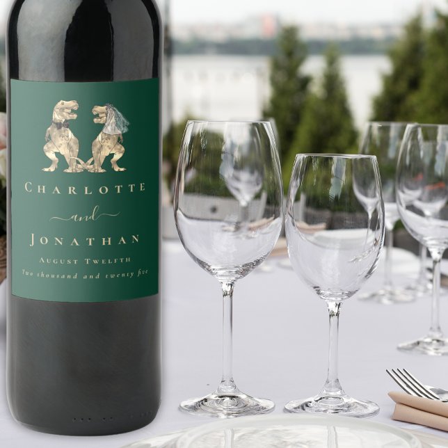 Dinosaur-tema bröllop Mörkgrönt Vinflaska Etikett (T-Rex bride and groom dinosaur wedding dark green custom wine labels)